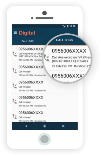 Digitalnexk call logs mobile app with IVR answered and missed call tracking